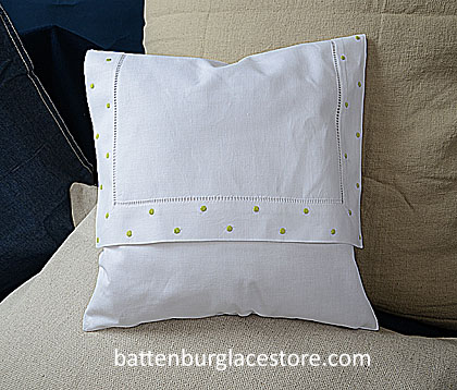 Envelope pIllow. MACAW GREEN Swiss Polka dots. 12 inches.